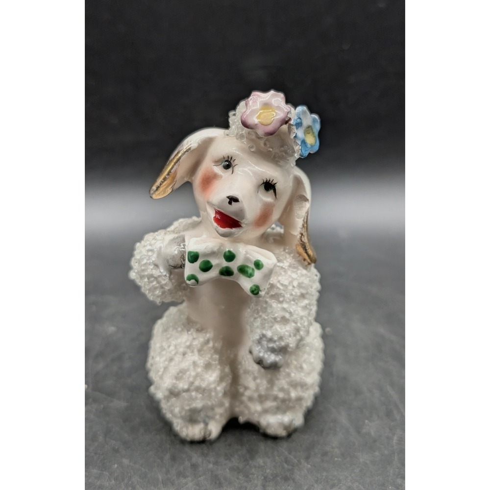 Vintage Grantcrest Japan Spaghetti Poodle Figurine White Flowers Mid-Century 4"